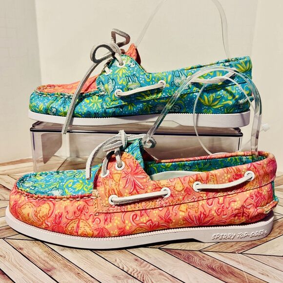 Sperry Topsider X Brooks Brothers Boat Shoes M 5.5 W 7 Pink Aqua Sheep $138 - Picture 1 of 7